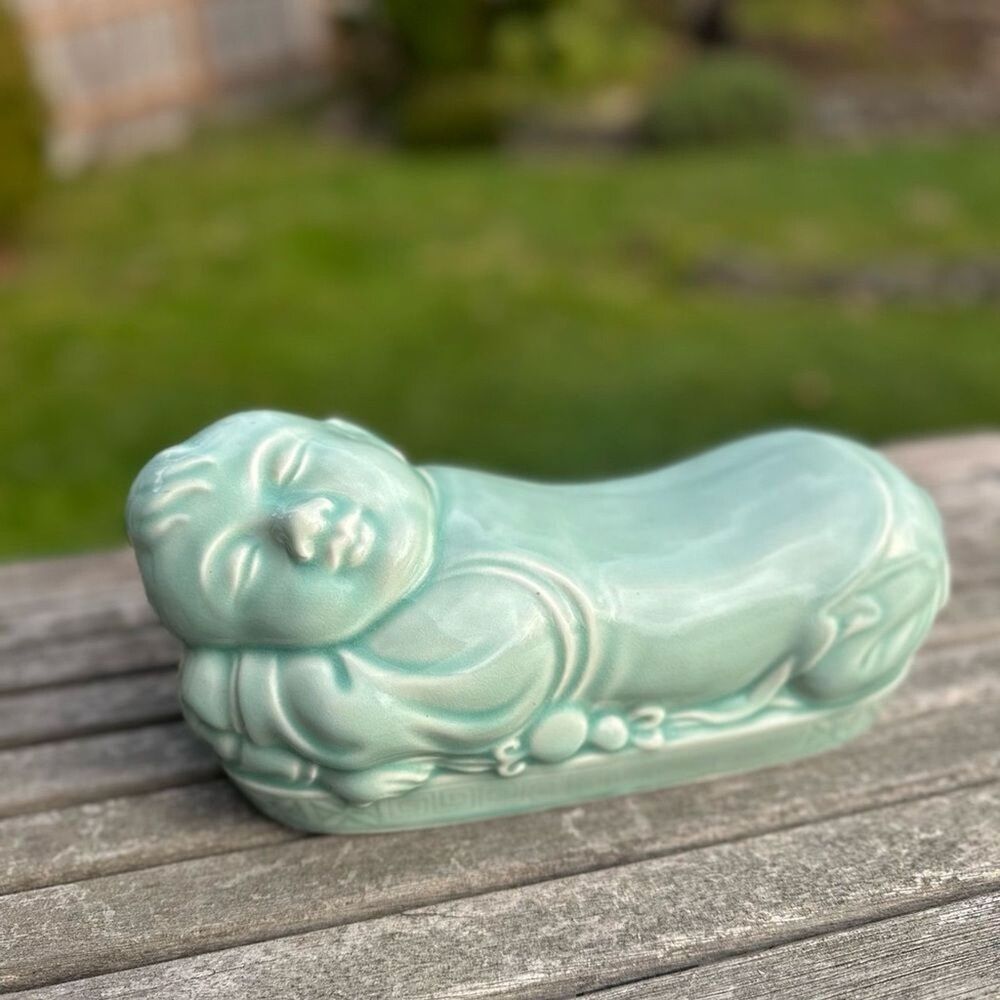 Vintage Chinese Celadon Glazed Ceramic Pillow Reclining Sleeping Child Statue